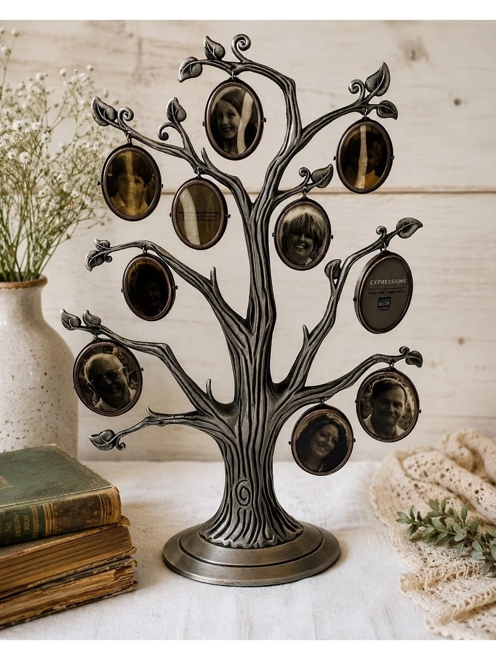 Vintage Tree Photo Frame Holder 10 Oval Frames Family Memory Display